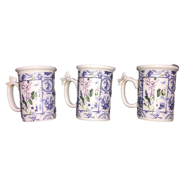 Hallmark Coffee Cup Mugs 10 oz Toile Floral Design Butterfly Handle Set Of 3 - Picture 1 of 8
